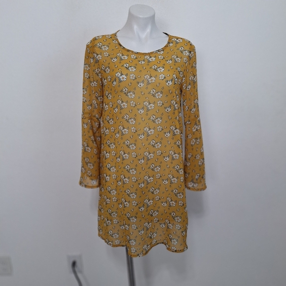 C&A Mustard Yellow Boho Floral Cottagecore Long Bell Sleeve Relaxed Fit Dress M - Picture 1 of 11
